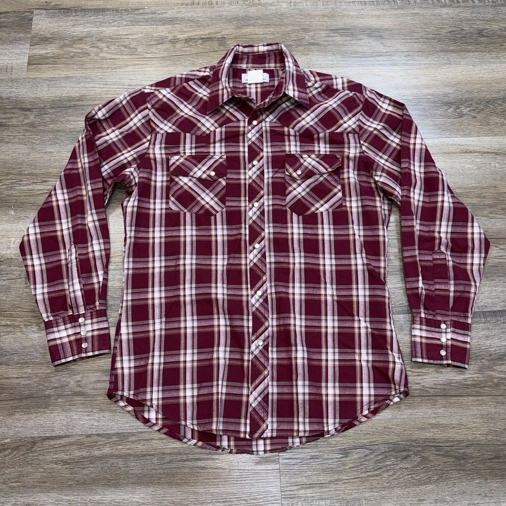 Wrangler Western Shirt Mens M Burgundy White Plaid Pattern w/Pearl Snap Buttons